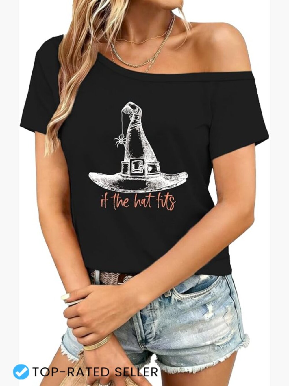 Witch Hat Off Shoulder Halloween Tee Fun Fall Party Short Sleeve Top